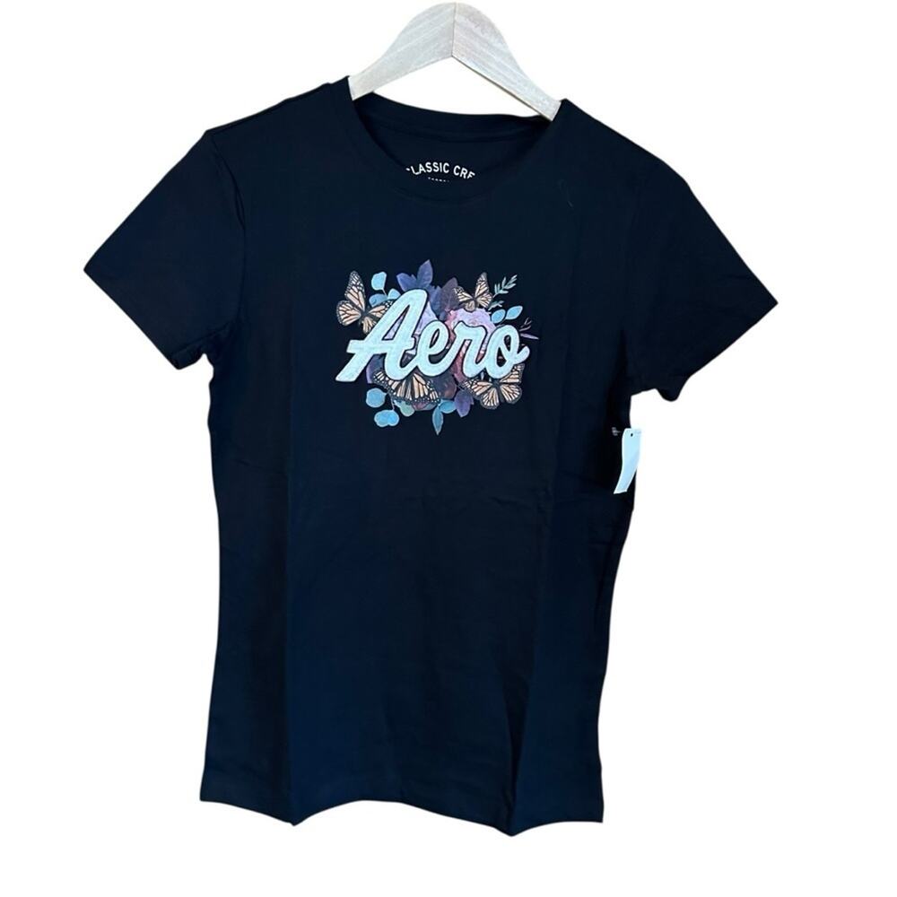 NWT Aeropostale Aero Graphic Tee Classic Crew Black Floral Sz L